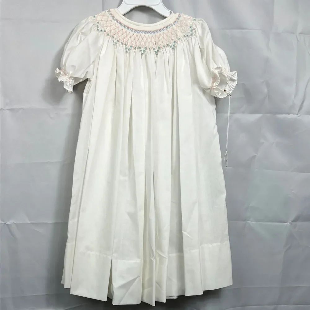 Handmade white smocked Bishop Gown pink and blue embroidery NWT